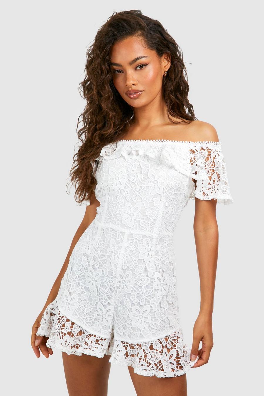 White Lace Ruffle Detail Romper image number 1