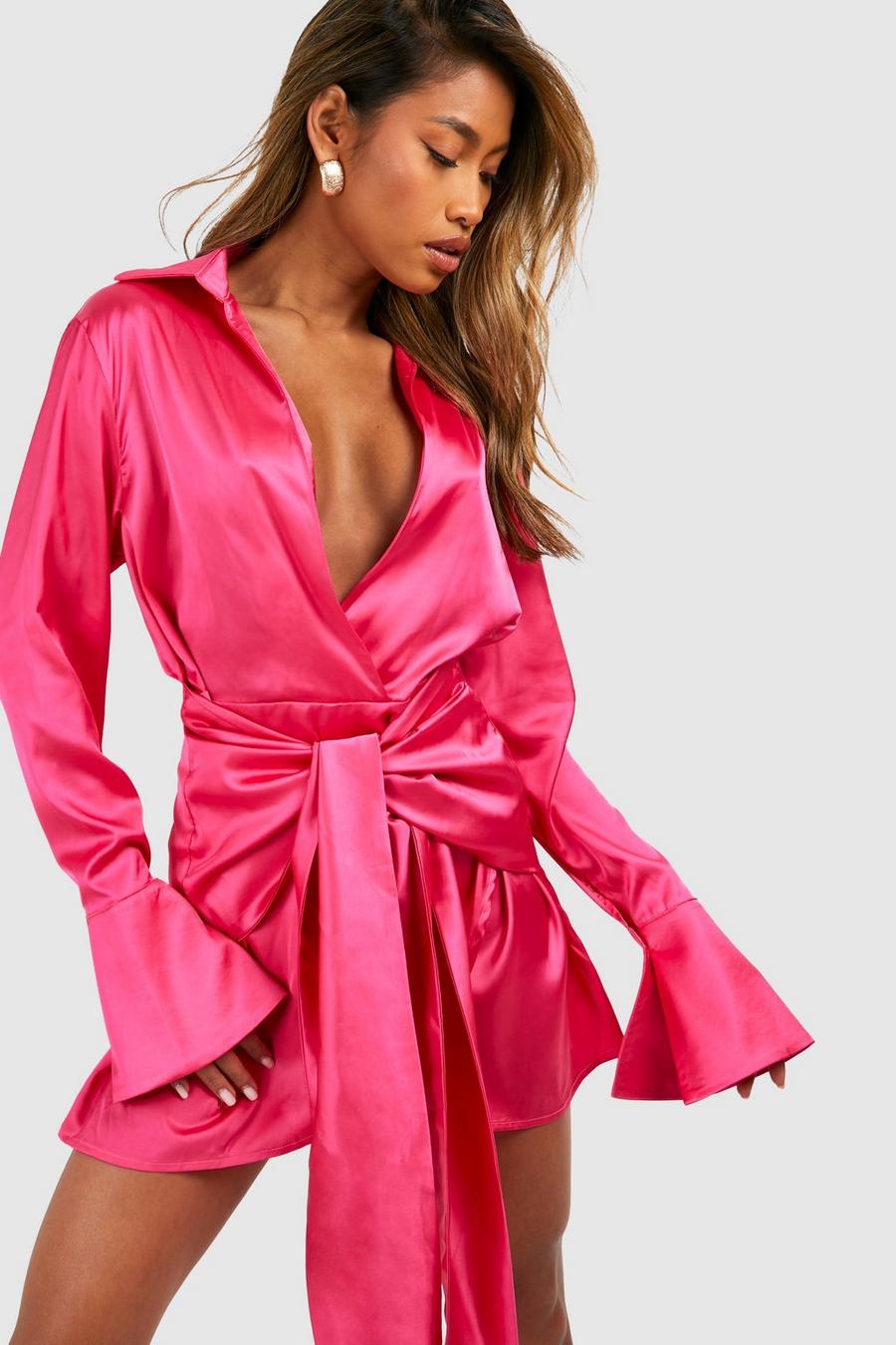 Robe chemise satinée à nouer, Hot pink