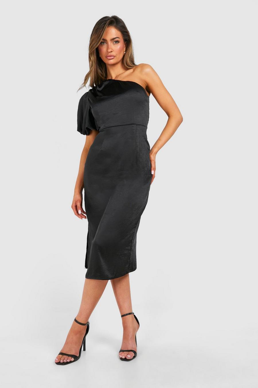 Black Satin Puff Sleeve Asymmetric Midi Dress