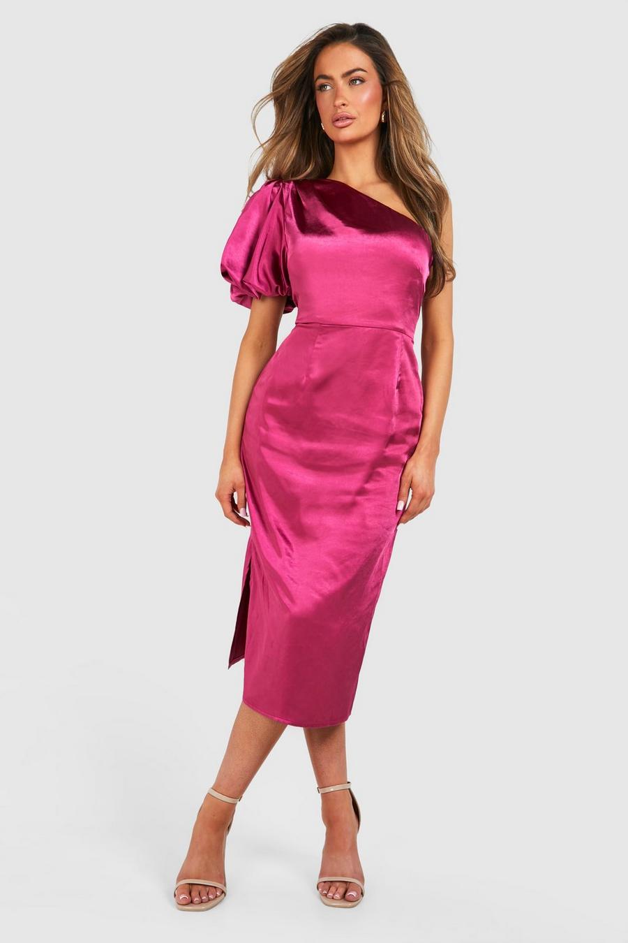 Pink Satin Puff Sleeve Asymmetric Midi Dress