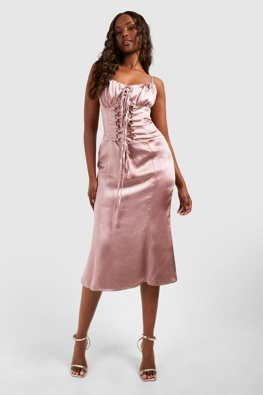 Pink Satin Lace Up Corset Midi Dress image number 1