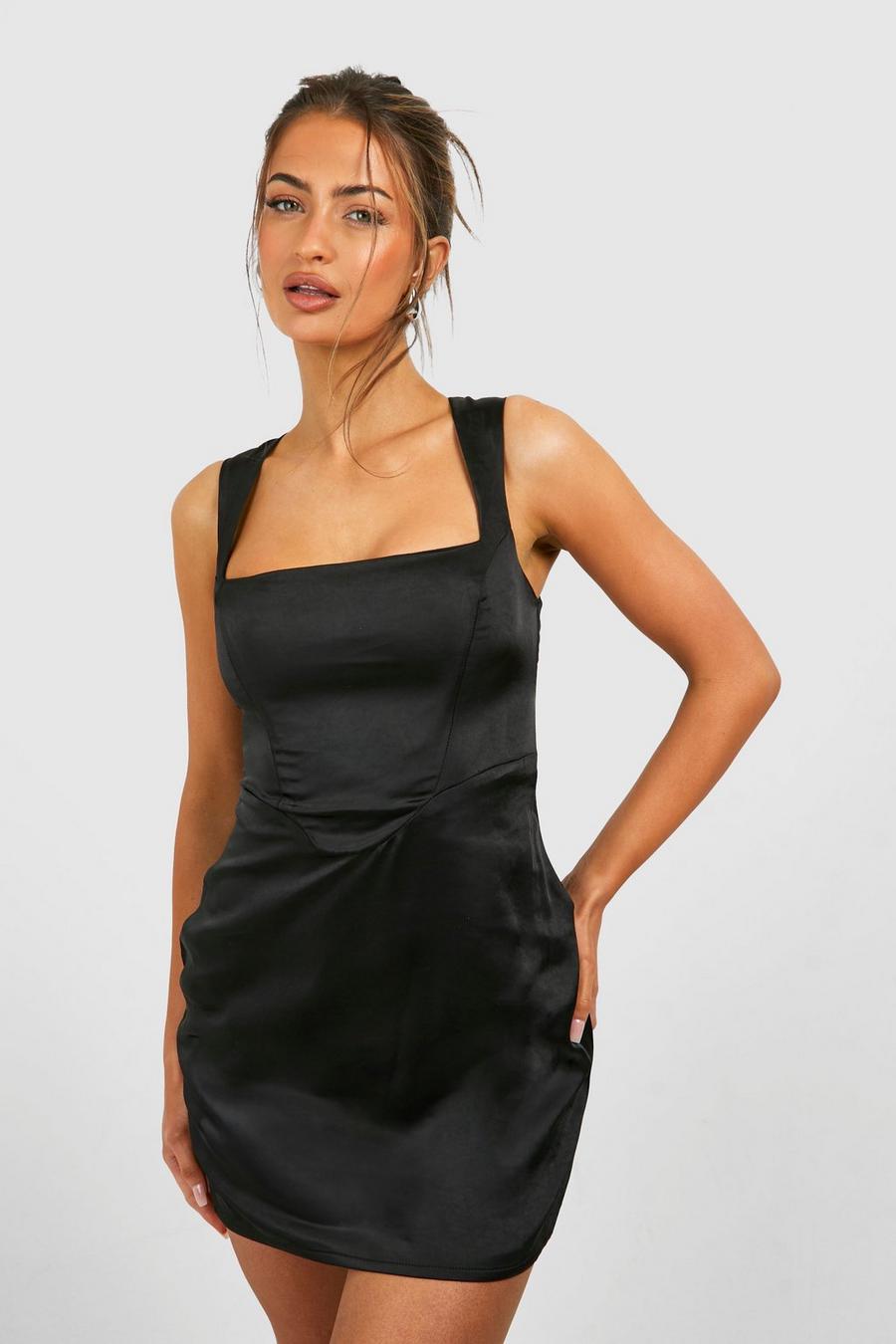 Satin-Minikleid mit geradem Ausschnitt, Black