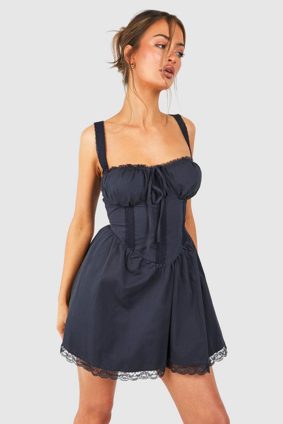 Navy Cotton Strappy Milkmaid Mini Dress image number 1