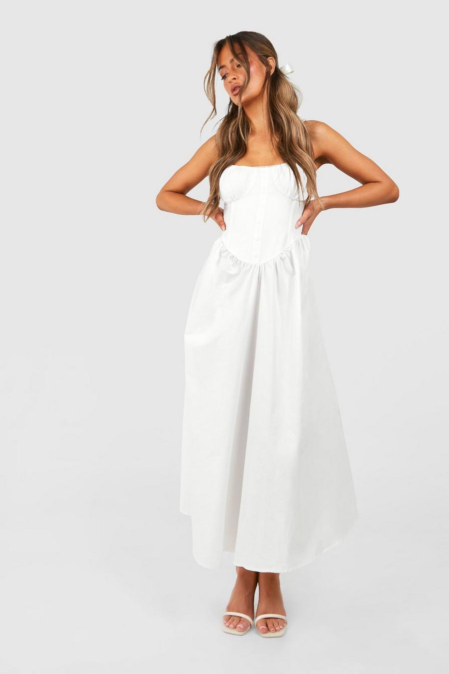 White Cotton Midi Milkmaid Dress