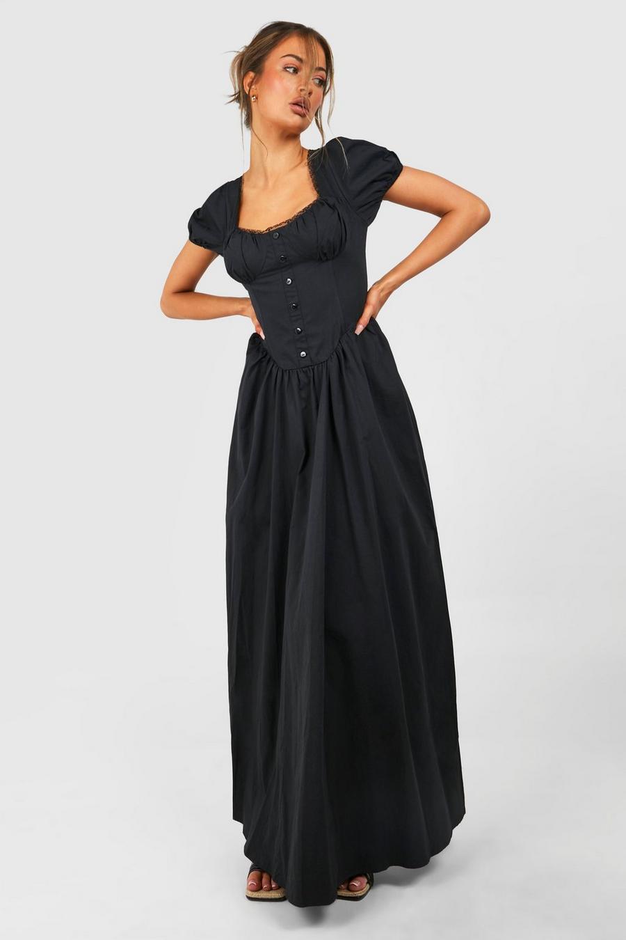 Black Cotton Puff Sleeve Maxi Milkmaid Dress
