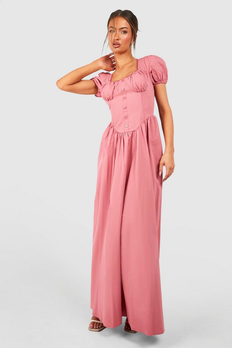 Rose Cotton Puff Sleeve Maxi Milkmaid Dress image number 1