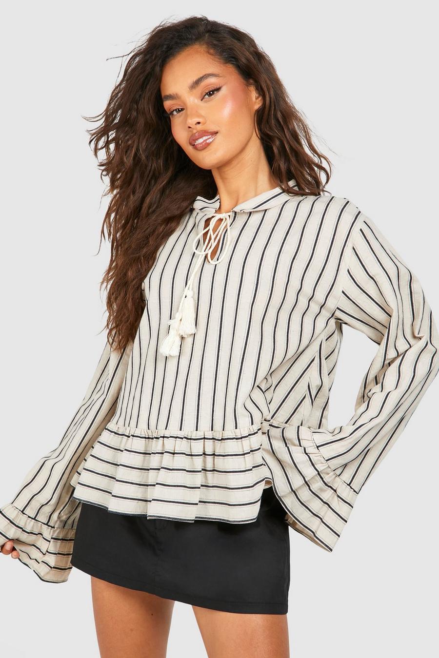 Chocolate Striped Tie Detail Smock Blouse image number 1