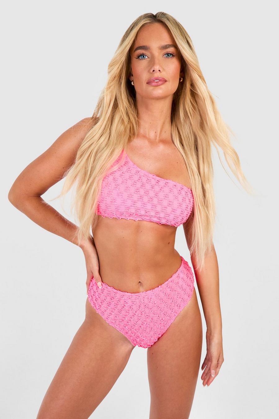 Strukturierte Bikinihose mit hohem Bund, Bright pink