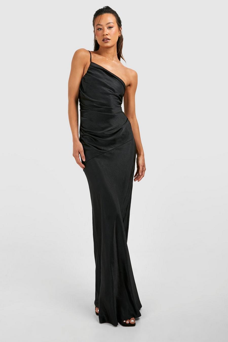 Black Tall Bridesmaid Satin Strappy Asymmetric Maxi Dress 