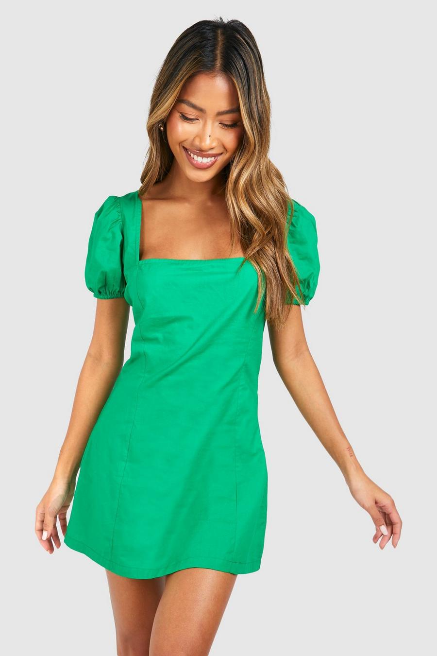 Green  Square Neck Cotton Mini Dress 
