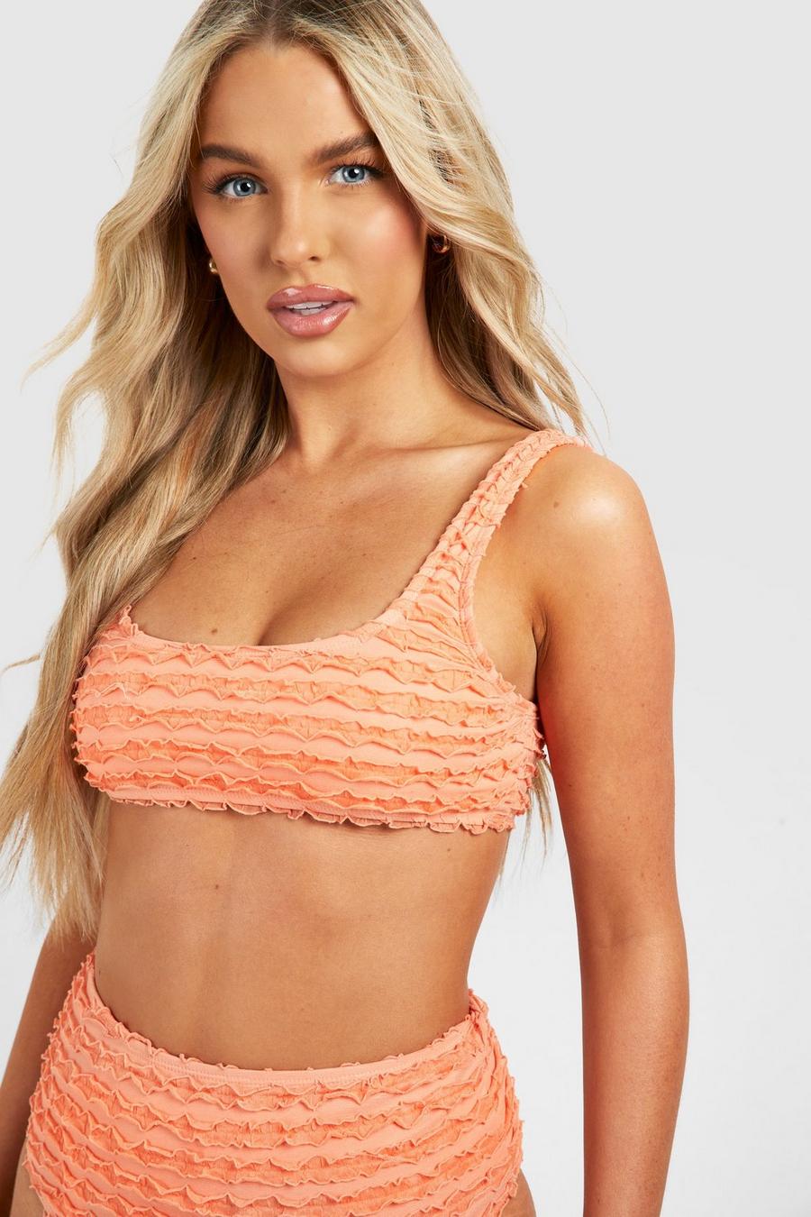 Textured Ruffle Scoop Bikini Top, Peach