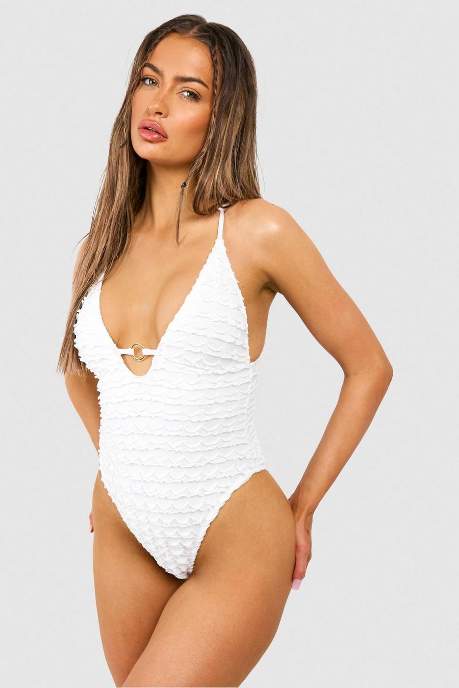 White Textured Ruffle O-ring Plunge Swimsuit image number 1
