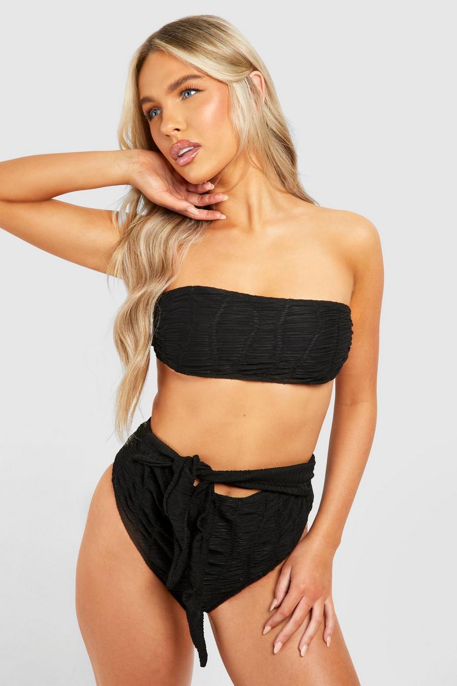 Black Textured Bandeau Bikini Top