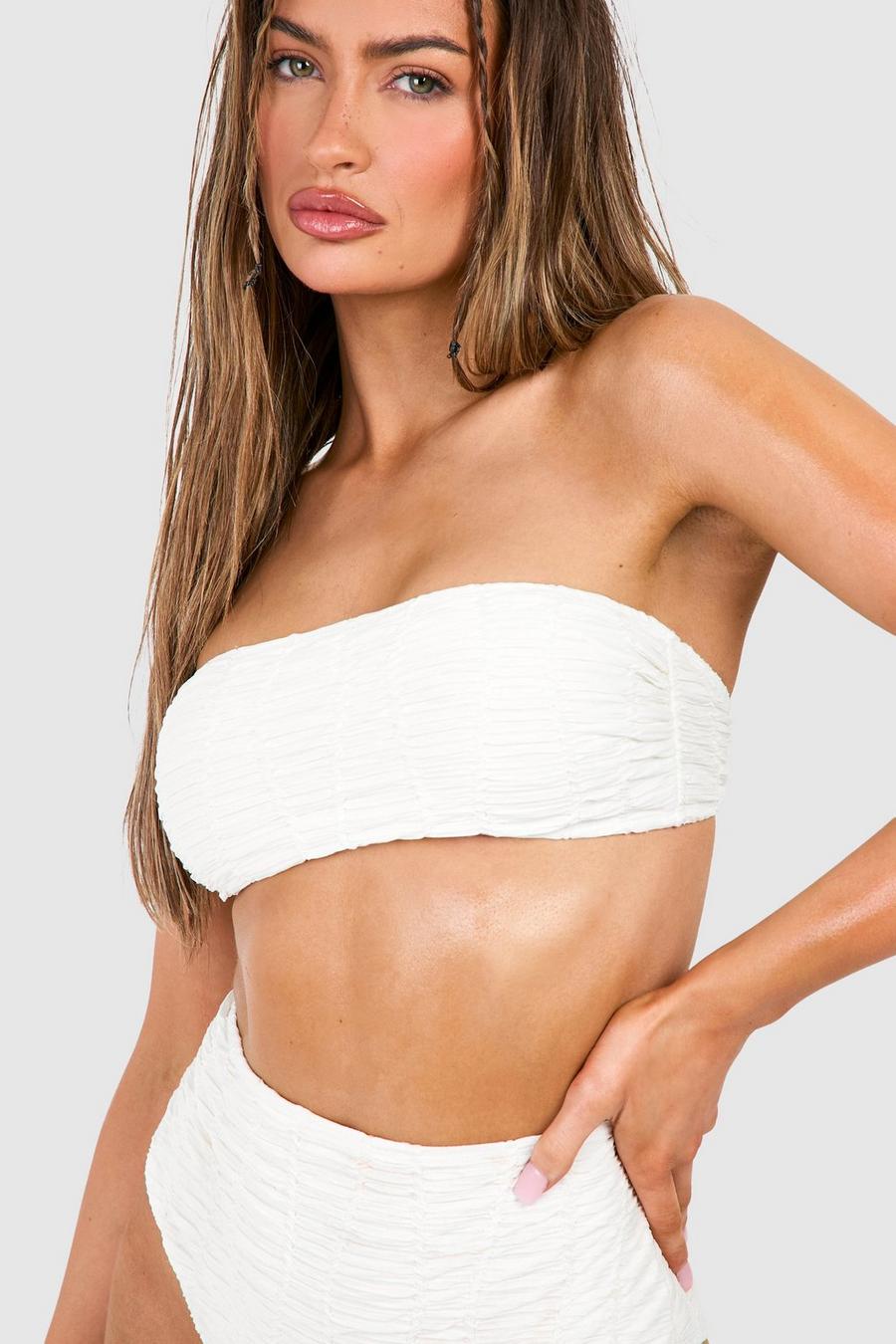 Top bikini a fascia con trama, Cream