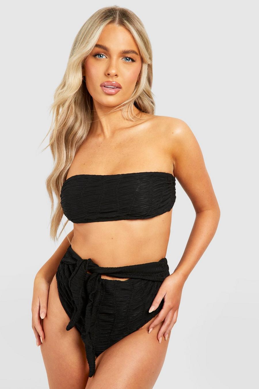 Black Textured Tie High Waisted Bikini Brief