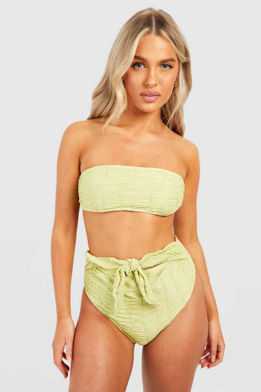 Lime Textured Tie High Waisted Bikini Brief image number 1