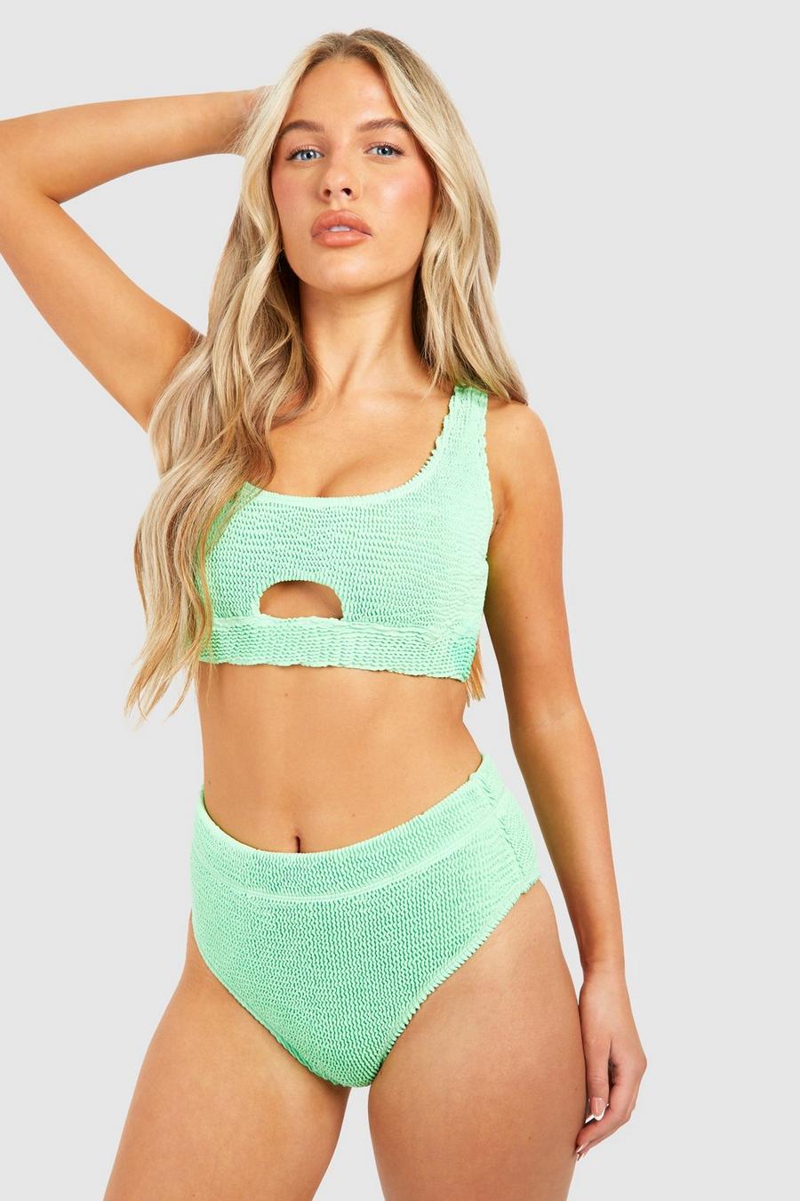 Premium Rundhals-Bikini in Knitteroptik mit hohem Bund, Green image number 1