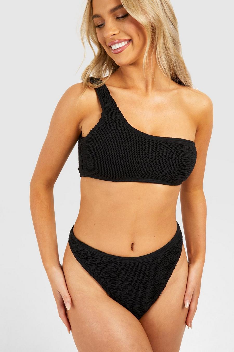 Black Gekreukelde Premium String Bikini Set Met Eén Blote Schouder