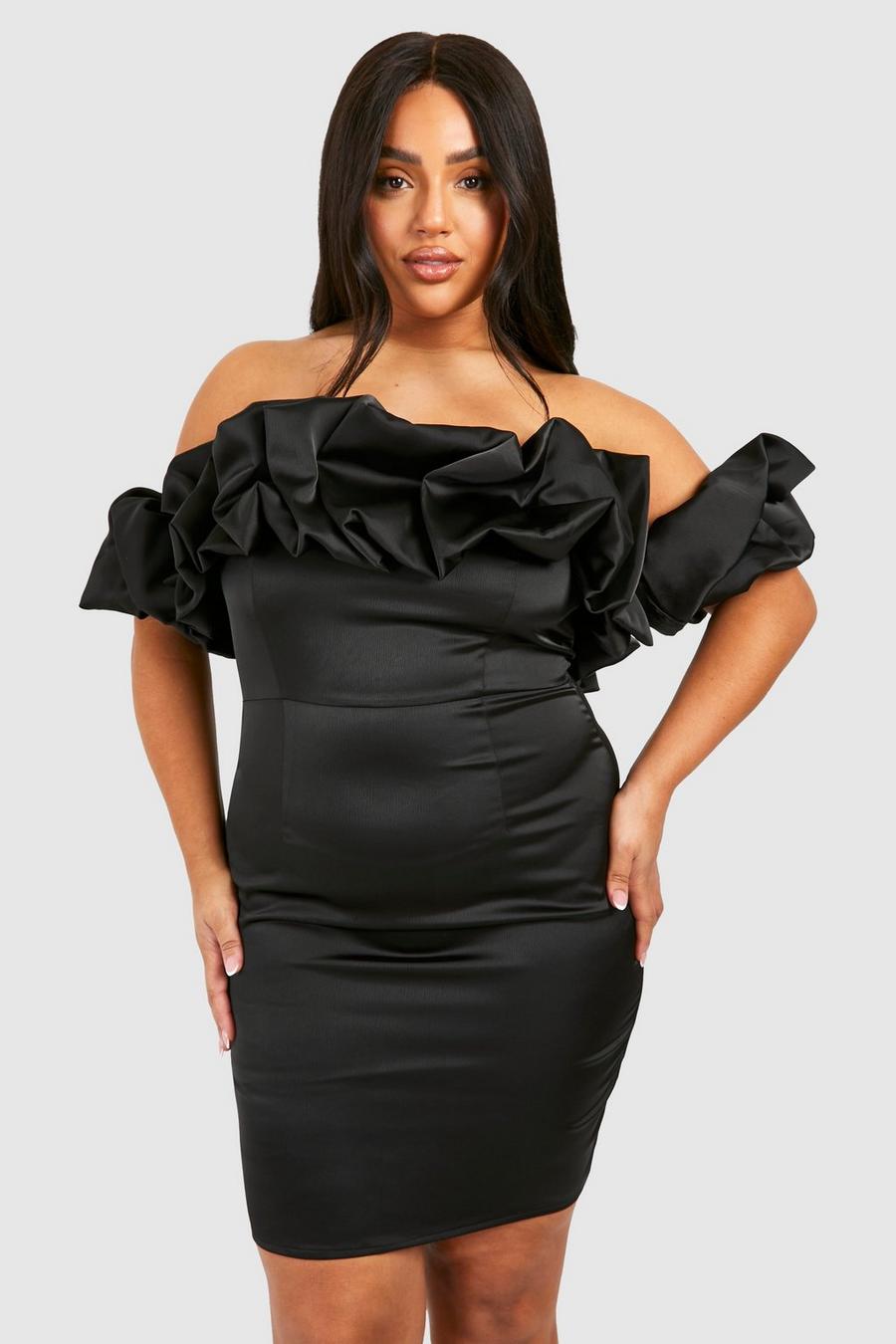 Black Plus Premium Satin Off Shoulder Mini Dress
