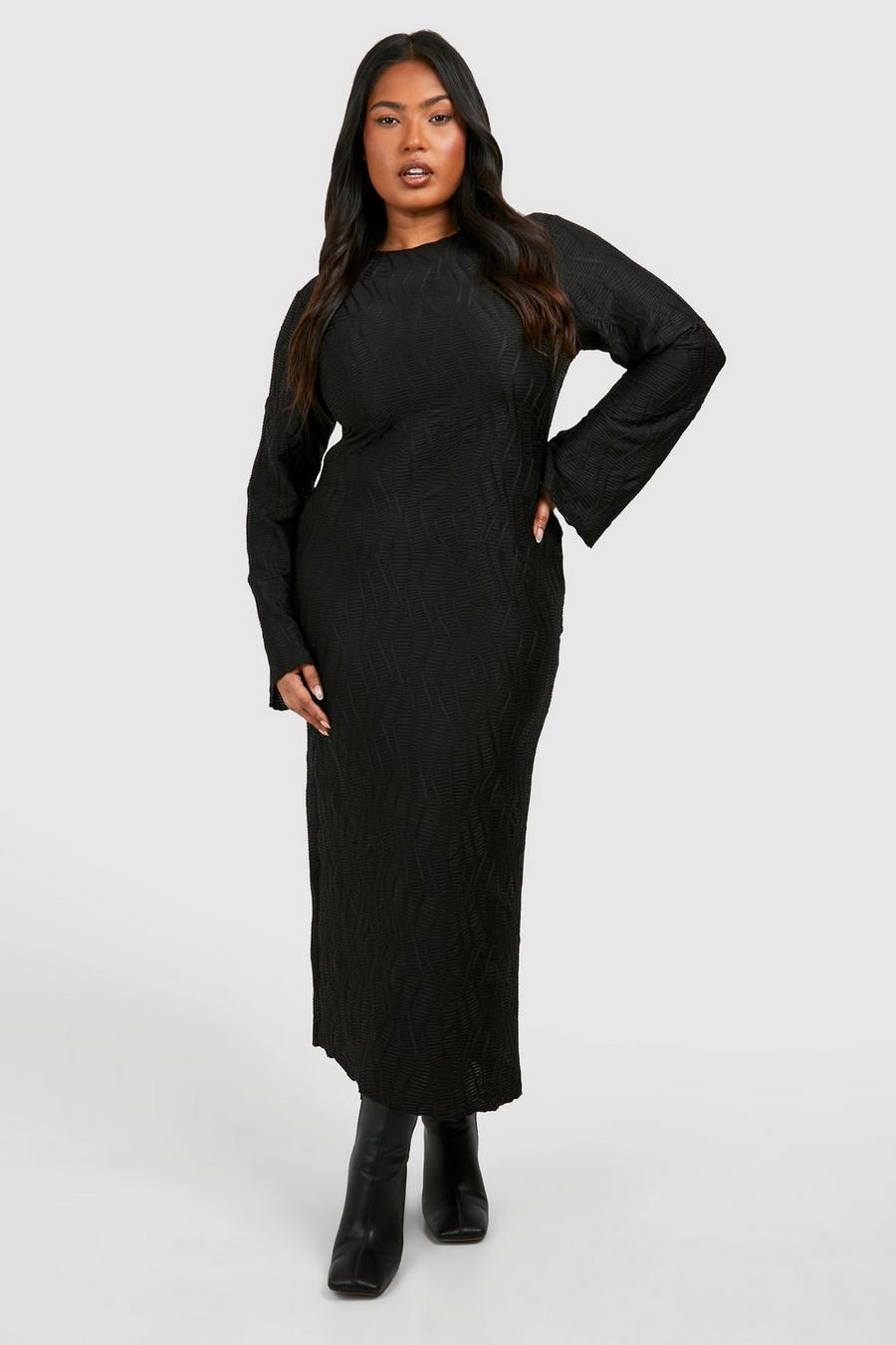 Black Plus Textured Rib Column Midi Dress