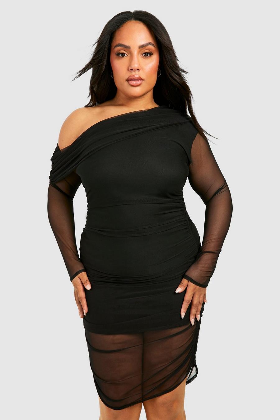 Black Plus One Shoulder Ruched Mesh Long Sleeve Mini Dress