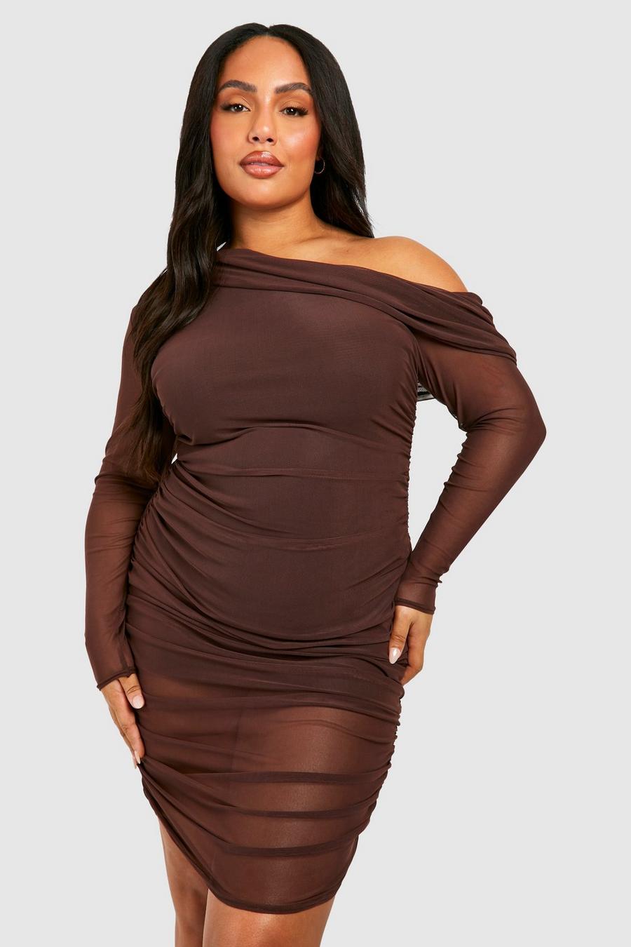 Chocolate Plus One Shoulder Ruched Mesh Long Sleeve Mini Dress
