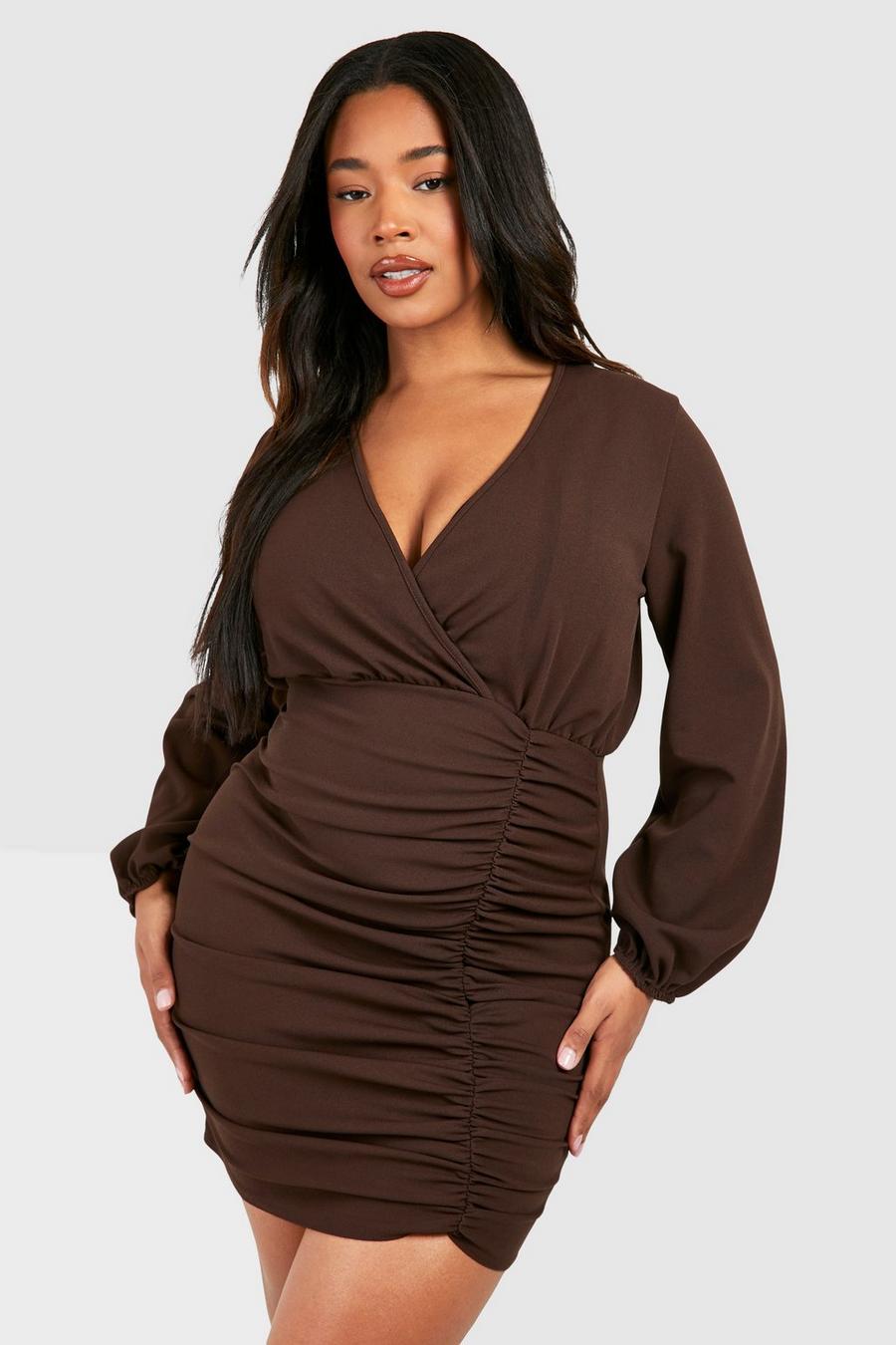 Chocolate Plus Wrap Ruched Bodycon Dress image number 1