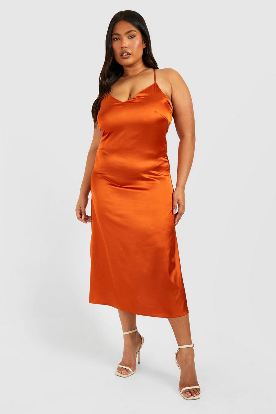 Vestito midi Plus Size in raso con scollo a V e spacco, Burnt orange