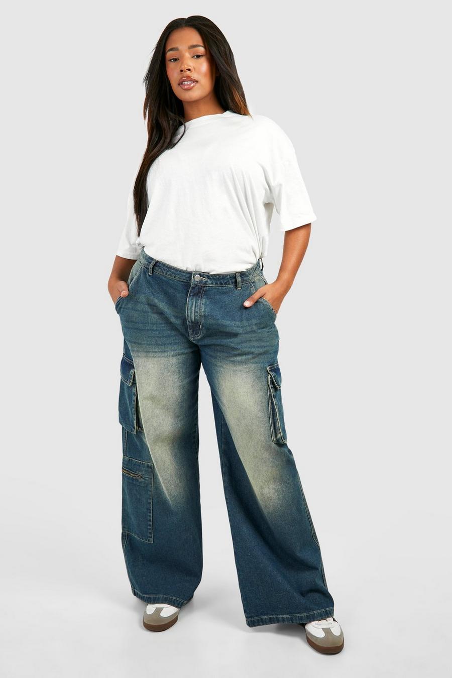 Jeans Cargo Plus Size slavati, Mid blue