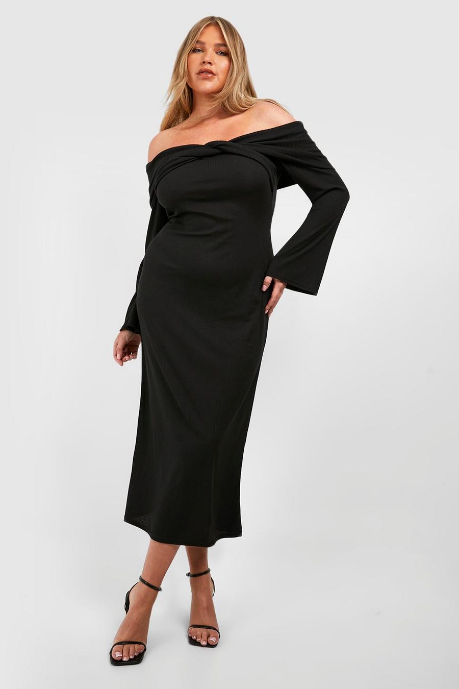 Vestito longuette Plus Size a coste morbide con scollo Bardot e dettagli attorcigliati, Black