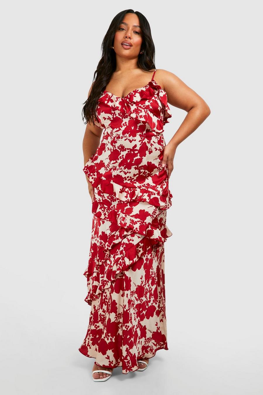 Vestito pull-on maxi Plus Size in raso a fiori con arricciature, Red image number 1