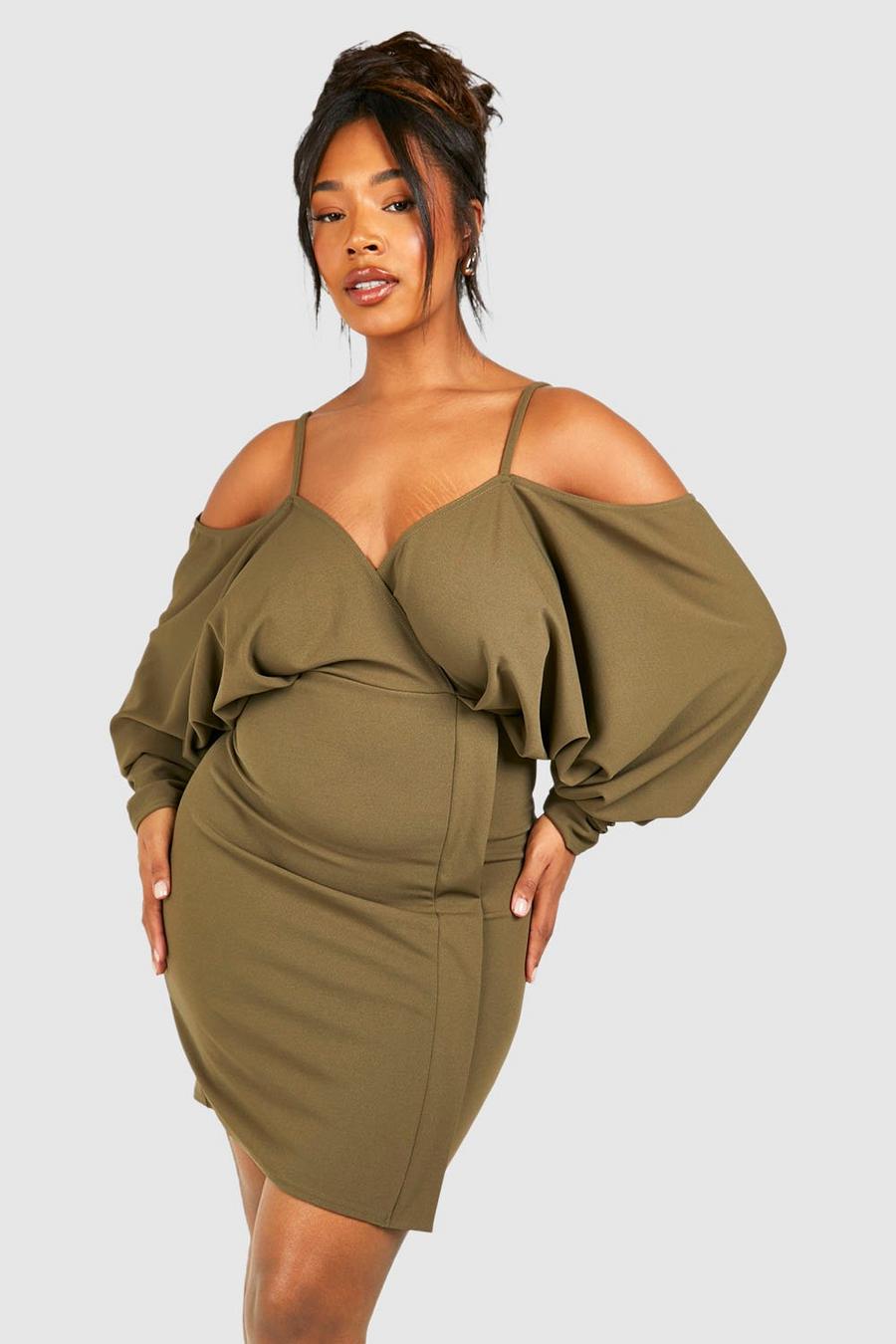 Khaki Plus Cold Shoulder Wrap Dress 