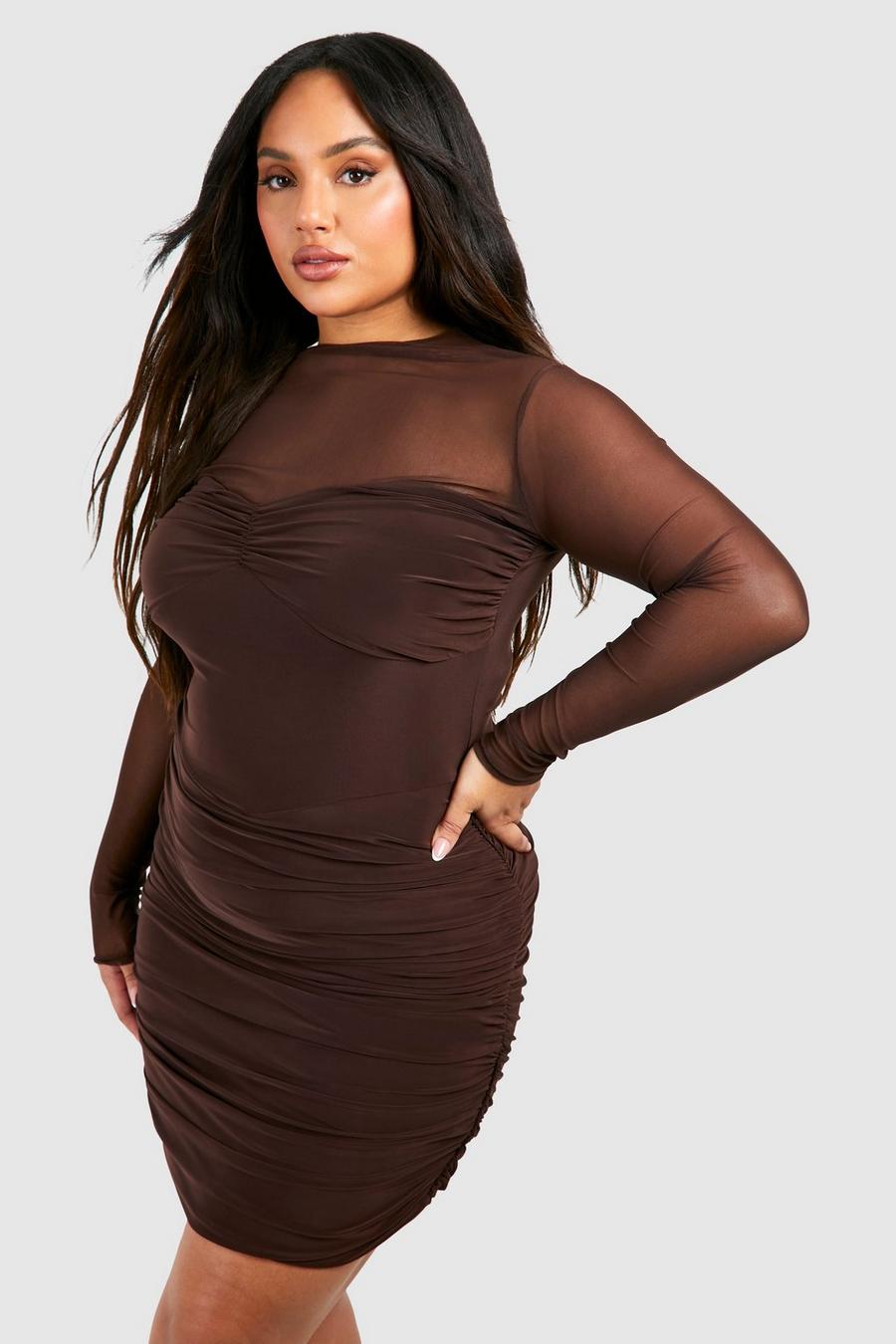 Chocolate Plus Ruched Slinky Bodycon Dress