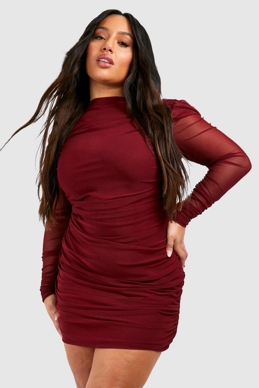 Cherry Plus Ruched Mesh Bodycon Dress