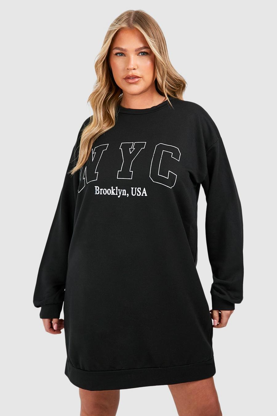 Plus Sweatshirt-Kleid mit NYC-Slogan, Black image number 1