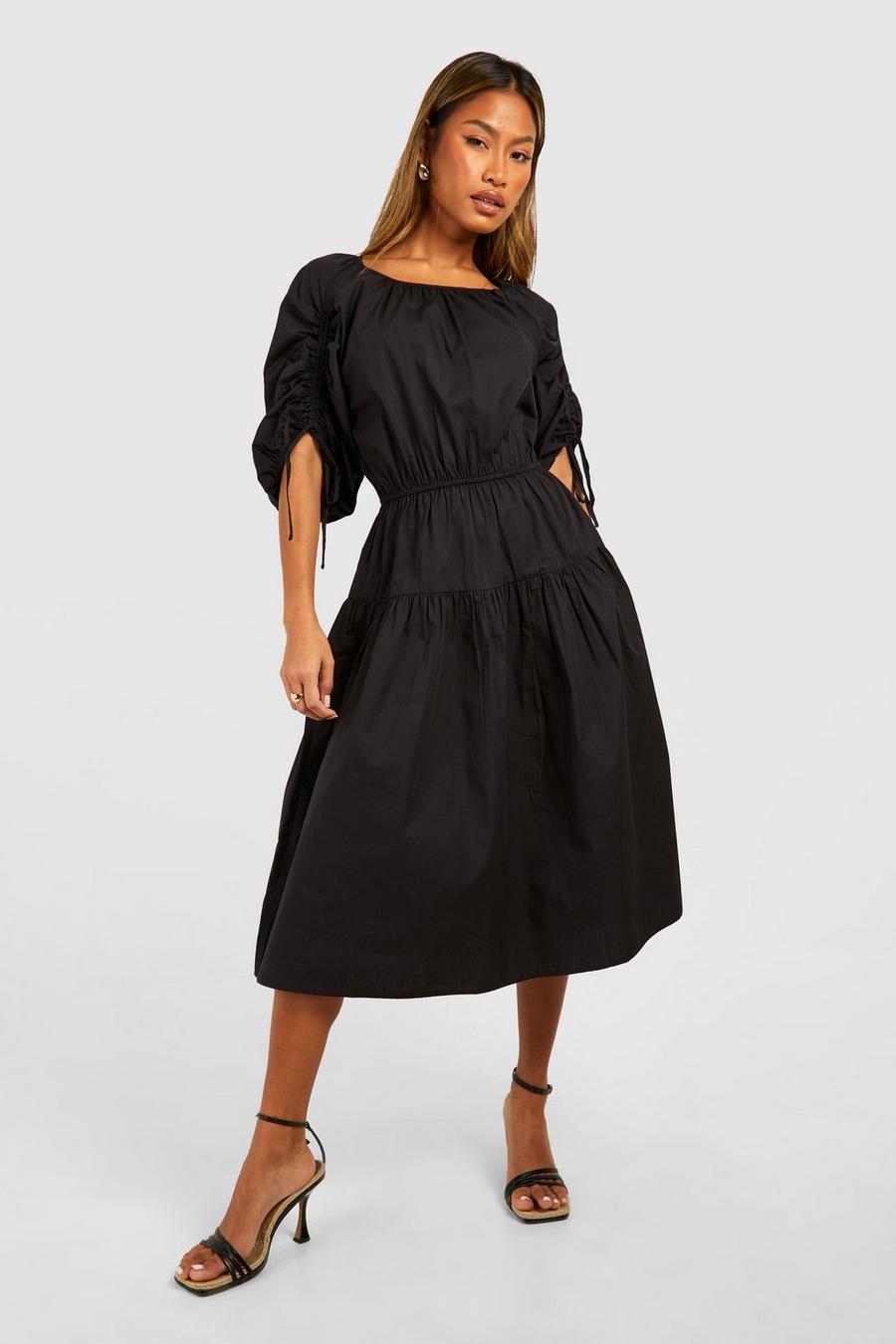 Black Poplin Tiered Midi Dress