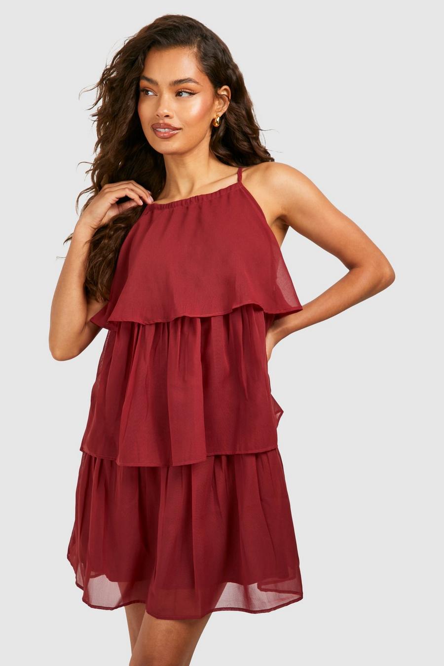 Chiffon Halterneck Tiered Mini Dress, Red