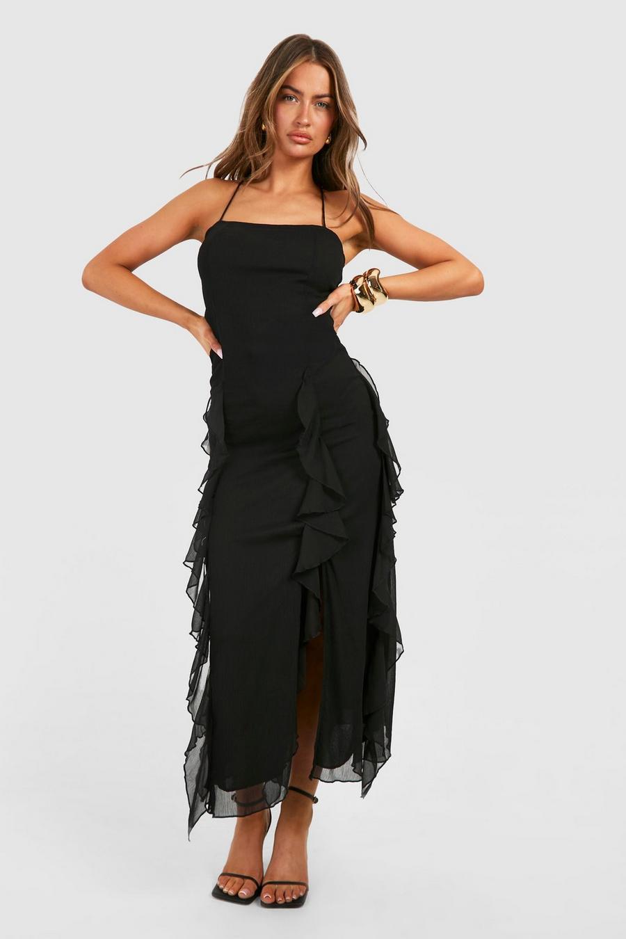 Black Crinkle Midaxi Slip Dress