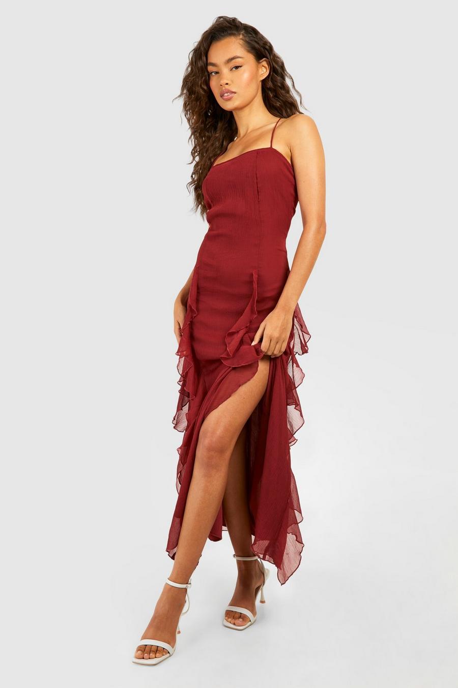 Red Crinkle Midi Slip Dress