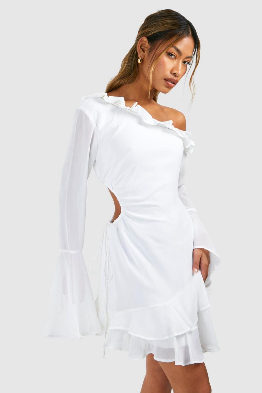 Robe asymétrique courte en mousseline de soie à volants, Ivory