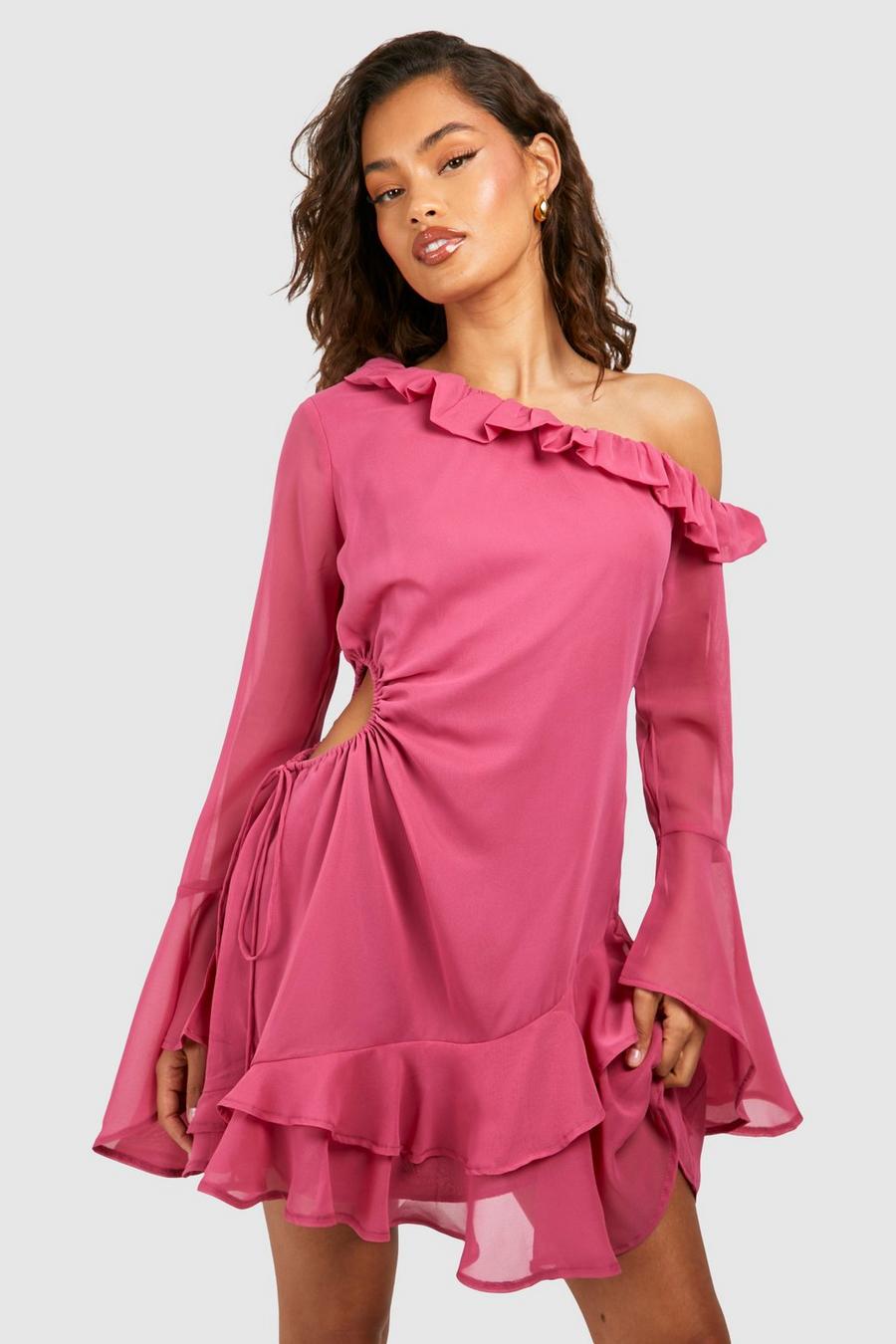 Rose Chiffon Asymmetric Ruffle Mini Dress