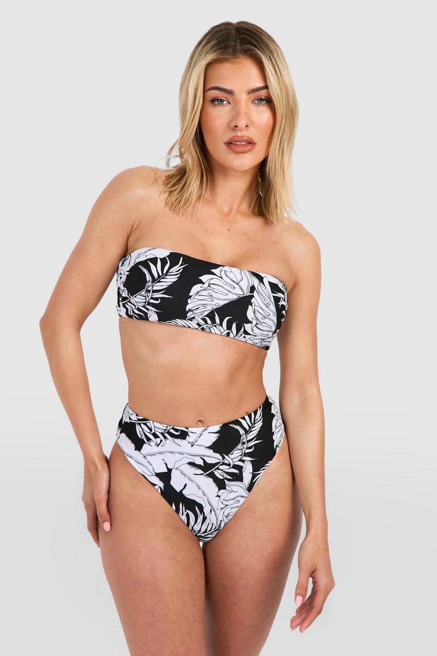 Black Tropische Bandeau Bikini Set Met Hoge Taille