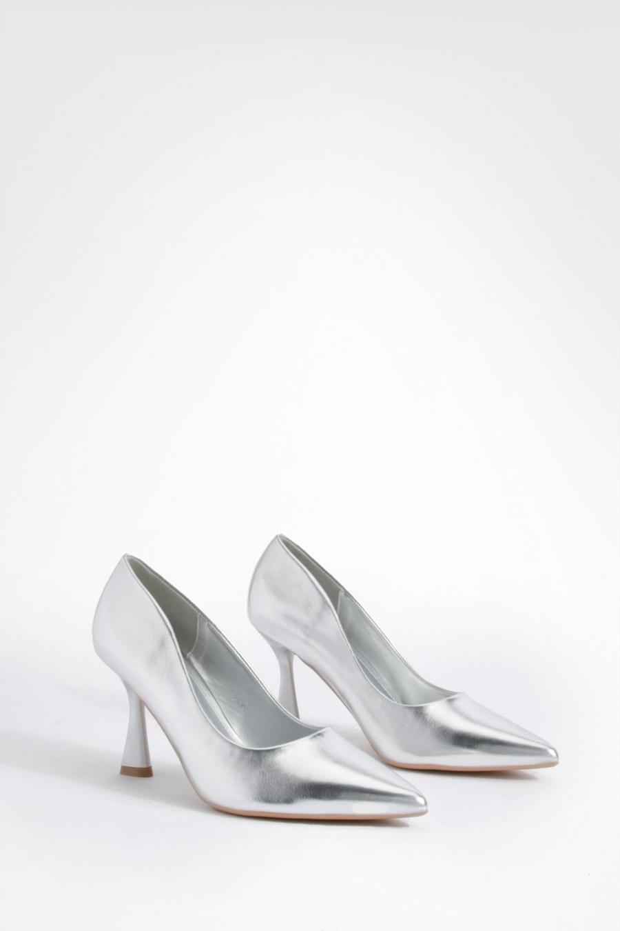 Silver Square Heel Pointed Toe Pumps