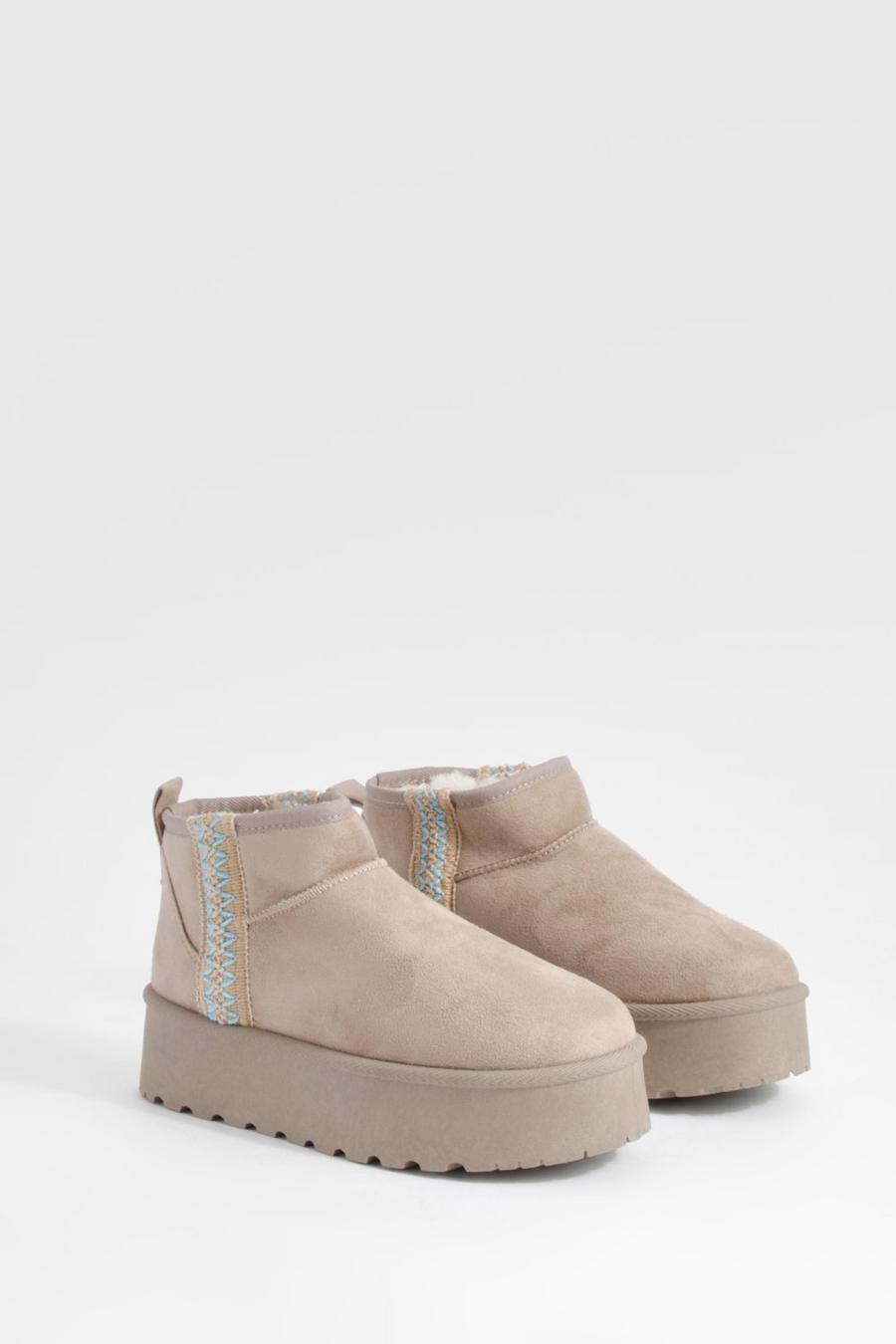 Beige Ultra Mini Embroidered Platform Cozy Boots