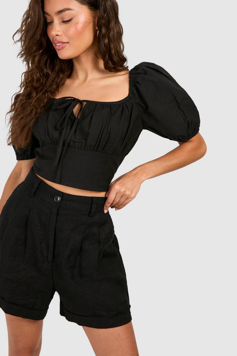 Black Linen Ruched Milkmaid Top