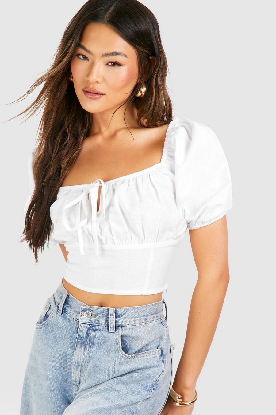 White Linen Ruched Milkmaid Top