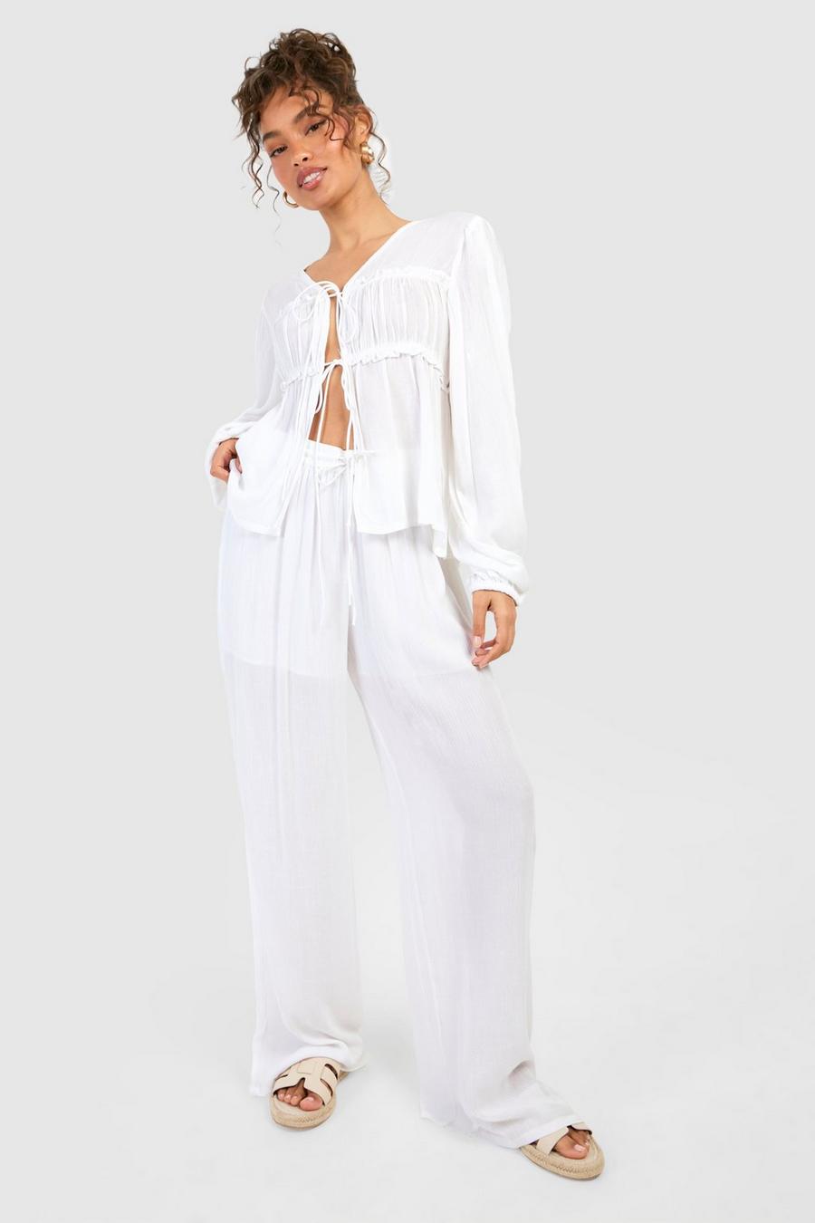 Ivory Cheesecloth Wide Leg Trouser image number 1