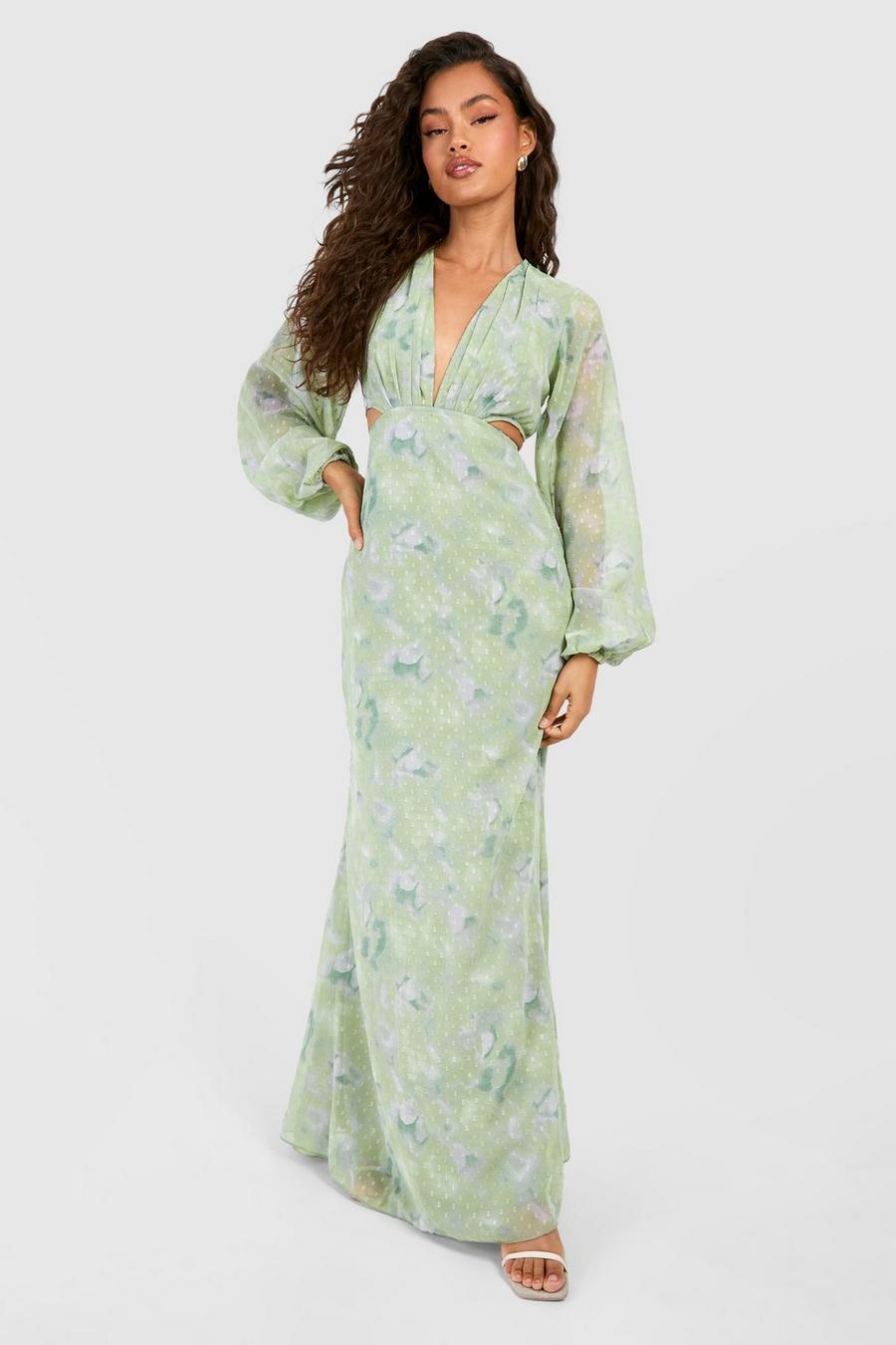 Green Printed Cut Out Dobby Maxi Dress