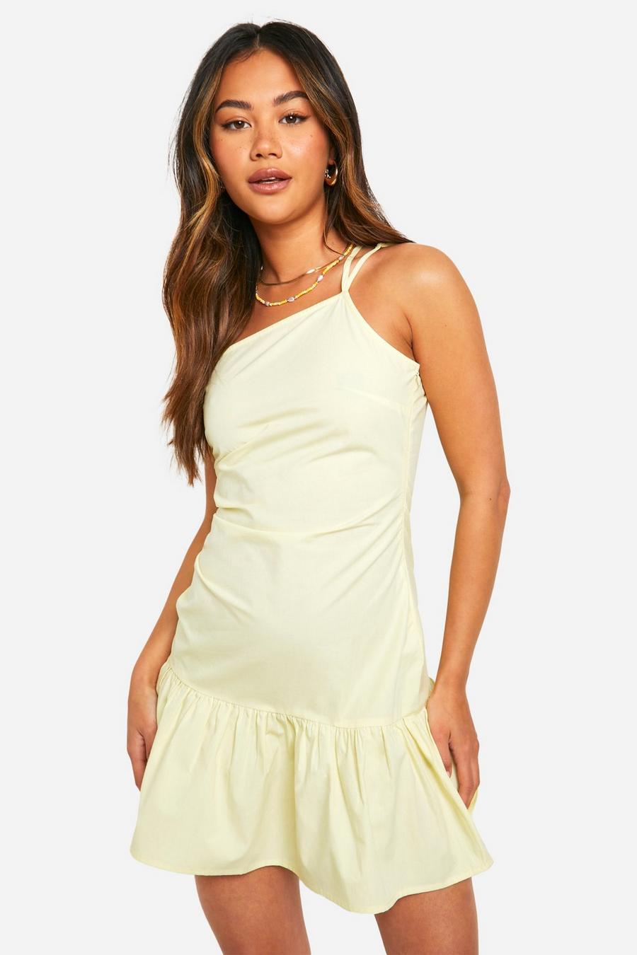 Linen Look Ruched Mini Dress, Lemon