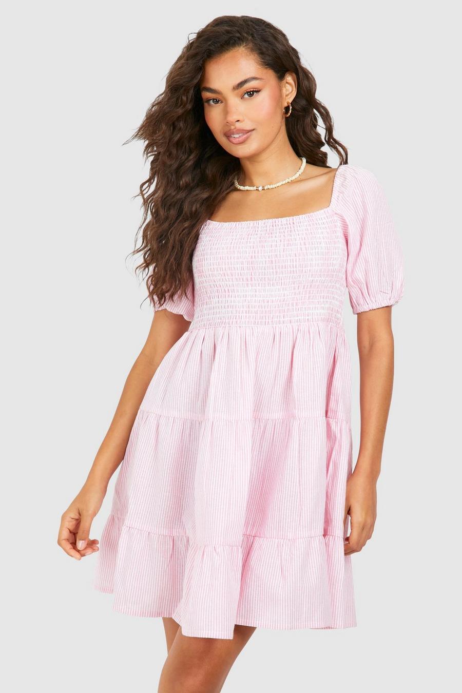 Pink Linen Short Sleeve Mini Dress image number 1
